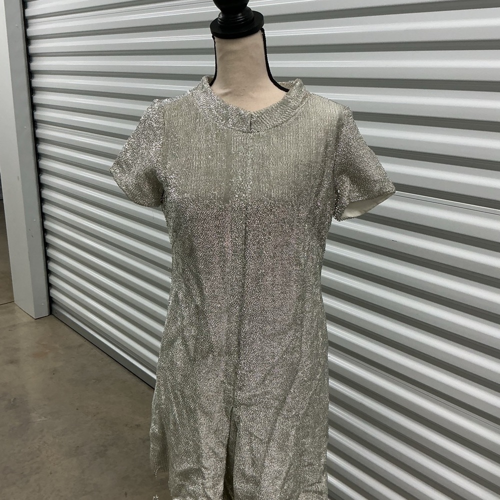 Vintage Carnival Fashions Silver Metallic Dress | Short Sleeve | Size M (Estimat